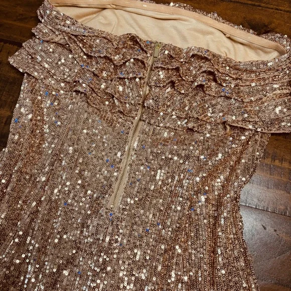 🥂Free People New Frida Ruffle Mini Dress Sequined Bronze 6 Cocktail Party - Picture 11 of 13